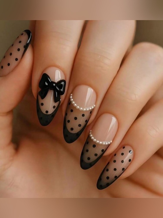 Simplybeautyful Other - Sheer Nude Almond Nails with Black Polka-Dot French & Pearl Accent Press-Ons